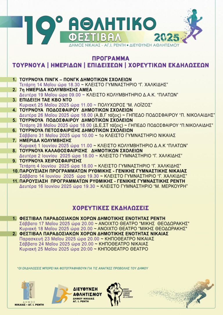19ο ΑΘΛΗΤΙΚΟ ΦΕΣΤΙΒΑΛ ΔΗΜΟΥ ΝΙΚΑΙΑΣ – ΑΓ. Ι. ΡΕΝΤΗ σε συνεργασία με την Ένωση Συλλόγων Γονέων Νίκαιας-Αγ.Ι. Ρέντη Μεγάλη γιορτή του μαζικού αθλητισμού για όλους!