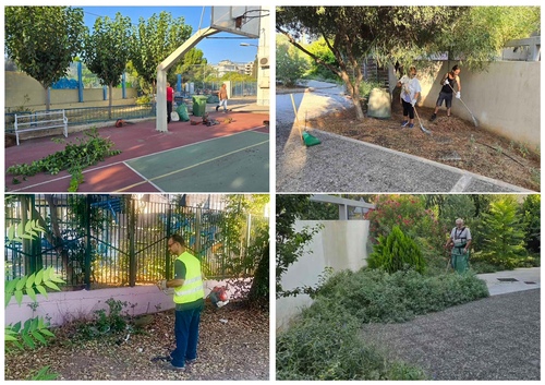 Ο Δήμος ενόψει της έναρξης της νέας σχολικής χρονιάς, προχώρησε σε εκτεταμένες παρεμβάσεις καθαρισμού και καλλωπισμού στις αυλές των σχολικών μονάδων. Η Διεύθυνση Καθαριότητας πραγματοποίησε πλυσίματα στους αύλειους χώρους, ενώ η Διεύθυνση Πρασίνου και Περιβάλλοντος ανέλαβε εργασίες κλαδέματος και περιποίησης δέντρων και θάμνων, ώστε οι μαθητές και οι εκπαιδευτικοί να επιστρέψουν σε ένα όμορφο και ασφαλές περιβάλλον