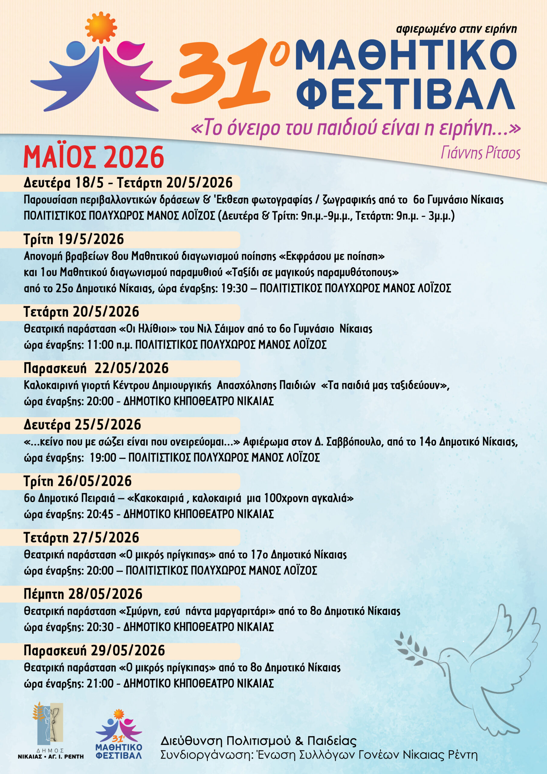 Ο Δήμος Νίκαιας – Αγίου Ιωάννη Ρέντη, μέσω της Διεύθυνσης Πολιτισμού και Παιδείας και σε συνδιοργάνωση με την Ένωση Συλλόγων Γονέων Νίκαιας – Ρέντη, πραγματοποιεί από τις 18 Μαΐου έως τις 30 Ιουνίου, το 31ο Μαθητικού Φεστιβάλ.