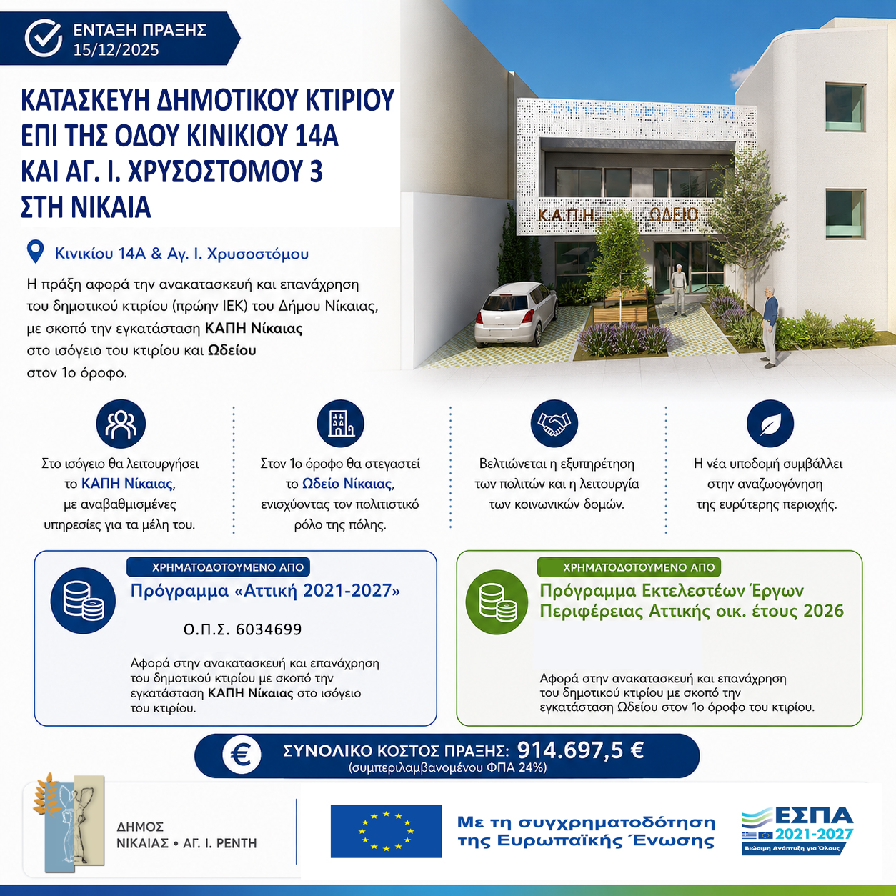  Κατασκευή δημοτικού κτιρίου επί της οδού Κινικίου 14Α και Αγ. Ι. Χρυσοστόμου 3 στη Νίκαια